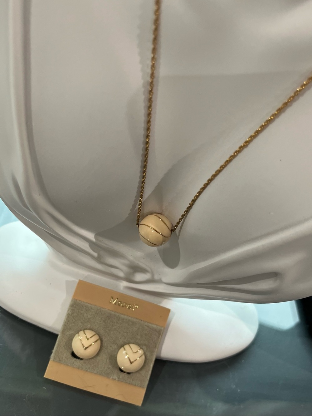 Monet Gold-Tone Necklace and Cream Enamel Studs